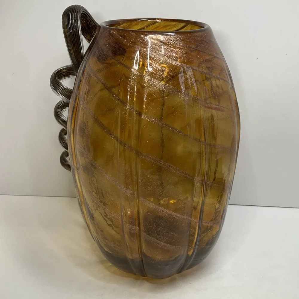 Vintage Tall Pier One Amber & gold swirl glass pumpkin vase with long curly stem